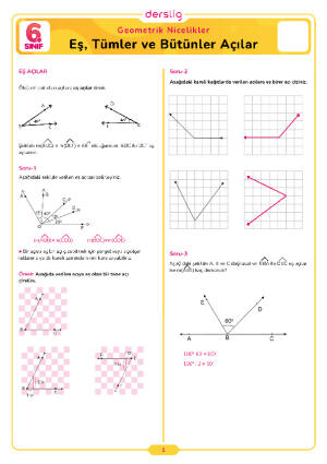 6.Sınıf 5.Tema 1.Konu (Eş, Tümler ve Bütünler Açılar) Çalışma Kağıdı Cevap Anahtarı