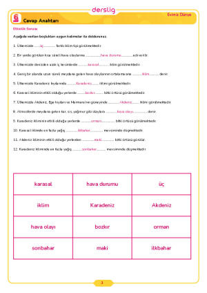 6.Sınıf 2.Tema 5.Konu (Ülkemizin İklim Özellikleri) Çalışma Kağıdı Cevap Anahtarı