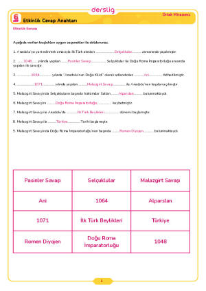 6.Sınıf 3.Tema 1.Konu (Anadolu'nun Yurt Edinme Süreci) Çalışma Kağıdı Cevap Anahtarı