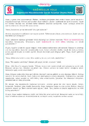 6. Sınıf 2.Tema Bağımsızlık Mücadelesinde Geride Kalanlar Okuma Metni