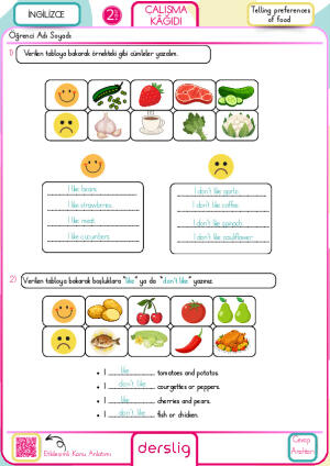 2. Sınıf Telling preferences of food Çalışma Kağıdı cevap anahtarı