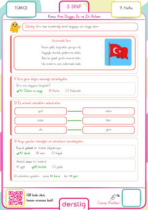 3. Sınıf 9. Hafta Ödevi Cevap Anahtarı