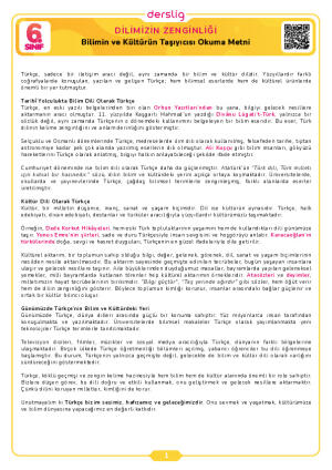 6. Sınıf 1.Tema Bilimin ve Kültürün Taşıyıcısı Okuma Metni