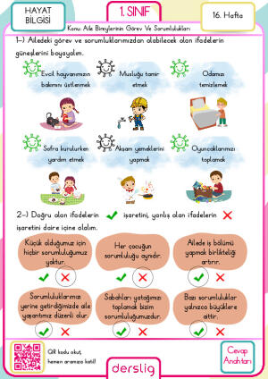 1. sınıf 16. hafta  Cevap anahtarı