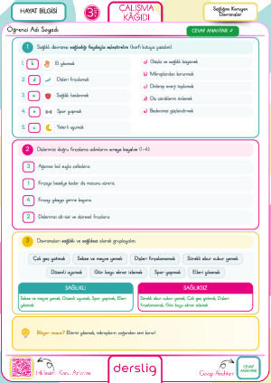 3. sınıf Sağlığımı Koruyan Davranışlar Çalışma Kağıdı-Cevap Anahtarı