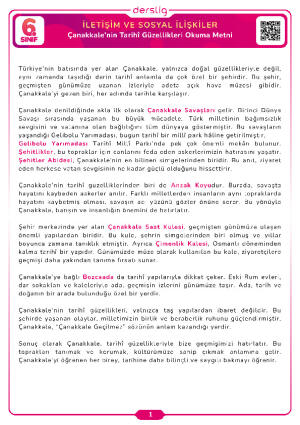 6. Sınıf 4.Tema Çanakkale’nin Tarihî Güzellikleri Okuma Metni