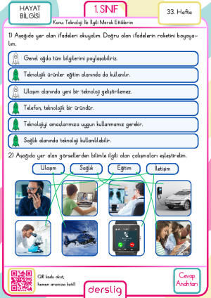 1. Sınıf 33. Hafta Ödevi Cevap Anahtarı