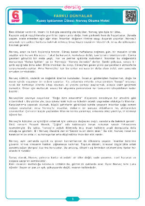 6. Sınıf 3.Tema Kuzey Işıklarının Ülkesi: Norveç Okuma Metni