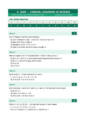 Örüntü kurallarını cebirsel olarak ifade etme Test -2 Cevap Anahtarı