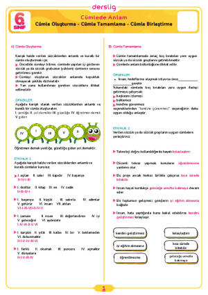 6.Sınıf 3.Tema 5.Konu (Cümle Oluşturma - Cümle Tamamlama - Cümle Birl) Çalışma Kağıdı Cevap Anahtarı