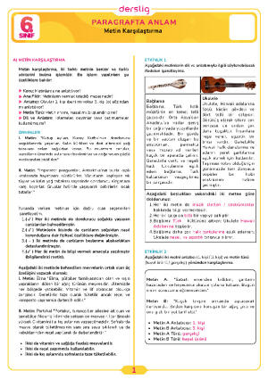 6.Sınıf 4.Tema 7.Konu (Metin Karşılaştırma) Çalışma Kağıdı Cevap Anahtarı