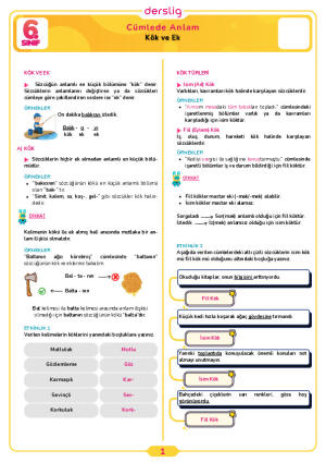 6.Sınıf 1.Tema 1.Konu (Kök ve Ek) Çalışma Kağıdı Cevap Anahtarı