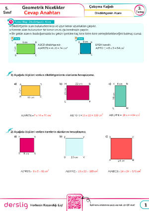 5. Sınıf 3. Tema 3. Konu Özeti (Dikdörtgenin Alanı) Cevap Anahtarı