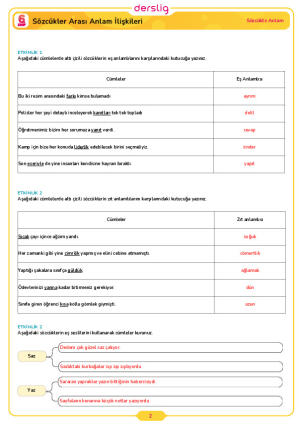 6.Sınıf 1.Tema 2.Konu (Sözcükler Arası Anlam İlişkileri) Çalışma Kağıdı Cevap Anahtarı