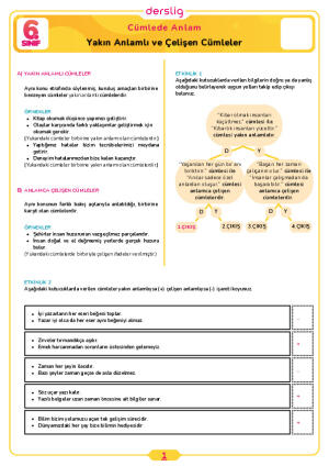6.Sınıf 3.Tema 3.Konu (Yakın Anlamlı ve Çelişen Cümleler) Çalışma Kağıdı Cevap Anahtarı