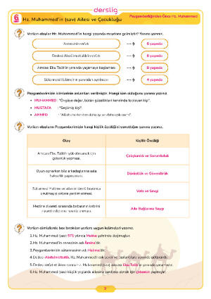 6.Sınıf 4.Tema 2.Konu (Hz. Muhammed’in (sav) Ailesi ve Çocukluğu) Çalışma Kağıdı Cevap Anahtarı