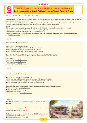 6.Sınıf 6.Tema 2.Konu (Bilinmeyen Nicelikleri Cebirsel İfade Olarak T) Çalışma Kağıdı Cevap Anahtarı