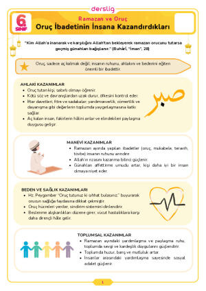 6.Sınıf 2.Tema 3.Konu (Oruç İbadetinin İnsana Kazandırdıkları) Çalışma Kağıdı Cevap Anahtarı