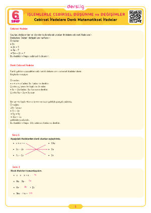 6.Sınıf 6.Tema 3.Konu (Cebirsel İfadelere Denk Matematiksel İfadeler) Çalışma Kağıdı Cevap Anahtarı