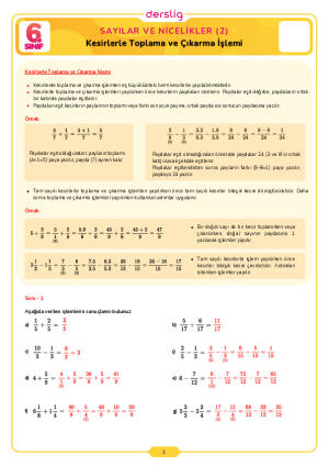 6.Sınıf 3.Tema 6.Konu (Kesirlerle Toplama ve Çıkarma İşlemi) Çalışma Kağıdı Cevap Anahtarı
