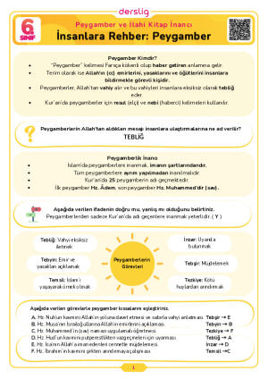 6.Sınıf 1.Tema 1.Konu (İnsanlara Rehber: Peygamber) Çalışma Kağıdı Cevap Anahtarı