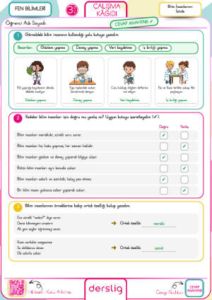 3. Sınıf-Bilim İnsanlarının İzinde Çalışma Kağıdı-Cevap Anahtarı