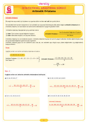 6.Sınıf 1.Tema 1.Konu (Aritmetik Ortalama) Çalışma Kağıdı Cevap Anahtarı
