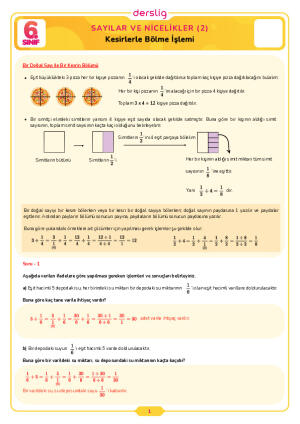 6.Sınıf 3.Tema 8.Konu (Kesirlerle Bölme İşlemi) Çalışma Kağıdı Cevap Anahtarı