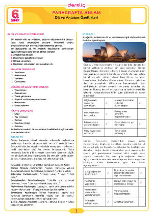 6.Sınıf 4.Tema 6.Konu (Dil ve Anlatım Özellikleri) Çalışma Kağıdı Cevap Anahtarı