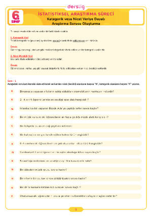 6.Sınıf 2.Tema 1.Konu (Kategorik veya Nicel Veriye Dayalı Araştırma S) Çalışma Kağıdı Cevap Anahtarı