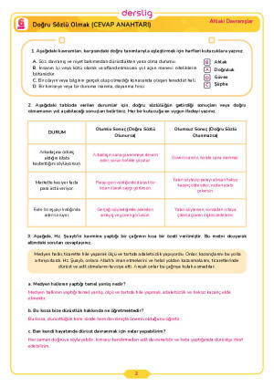 6.Sınıf 3.Tema 1.Konu (Doğru Sözlü Olmak) Çalışma Kağıdı Cevap Anahtarı