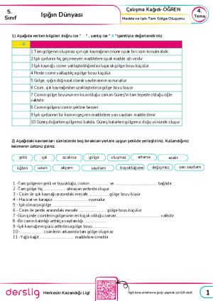Tam Gölge Oluşumu -Madde ve ışık