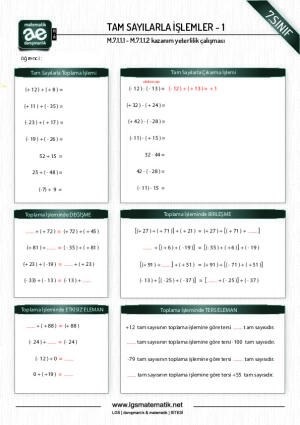 Tamsayılarla Toplama -  Çıkarma - Toplama İşleminin Özellikleri
