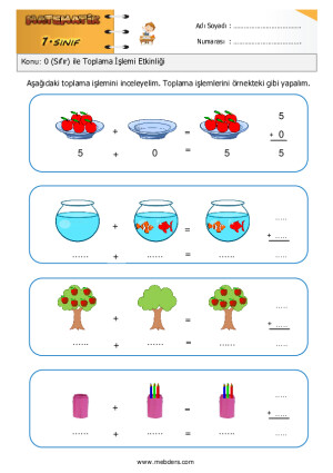 1. Sınıf Matematik TOPLAMA İŞLEMİ Çalışma Kağıdı - Derslig