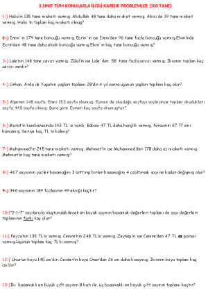 3.SINIF TÜM KONULAR İLE İLGİLİ 100 PROBLEM