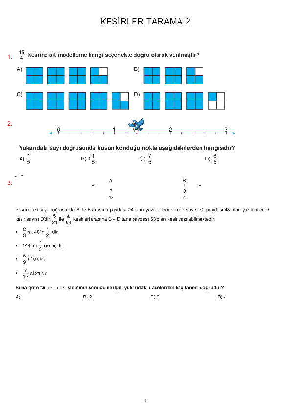 5. Sınıf Matematik 5.Sınıf Kesirler Çalışma Kağıdı - Derslig