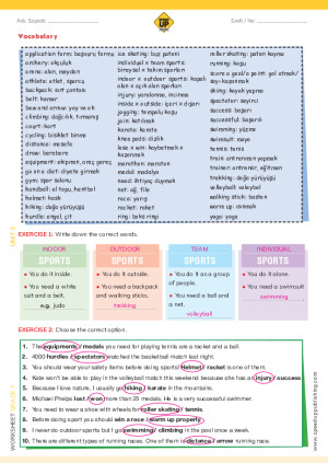 7. Sınıf Vocabulary Worksheet Cevap Anahtarı