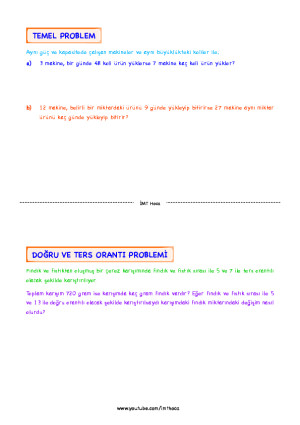 7. Sınıf Matematik Orantı Problemleri Çalışma Kağıdı - Derslig