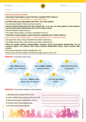 5. Sınıf 3. Unite Topic Based Grammar Worksheet