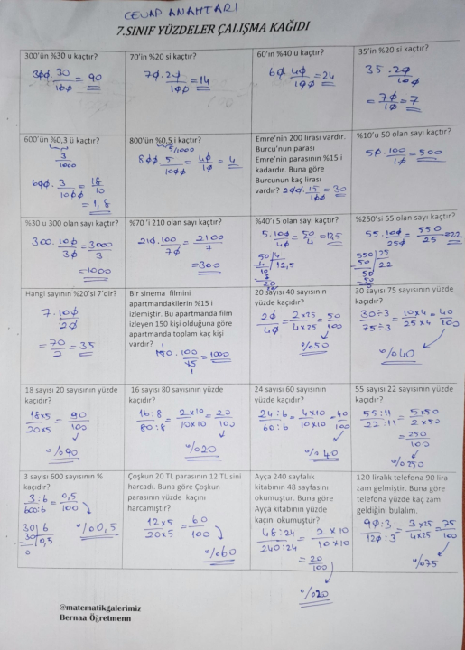 7 Sınıf Matematik 7 Sınıf Yüzdeler Çalışma Kağıdı Cevap Anahtarı