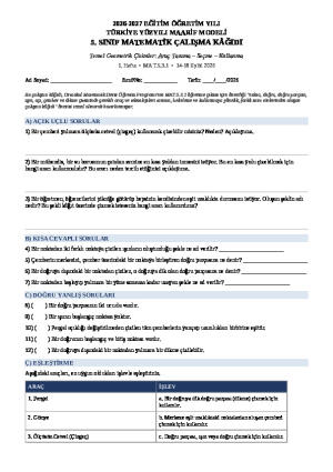 5. Sınıf 1. Hafta Çalışma Yaprağı