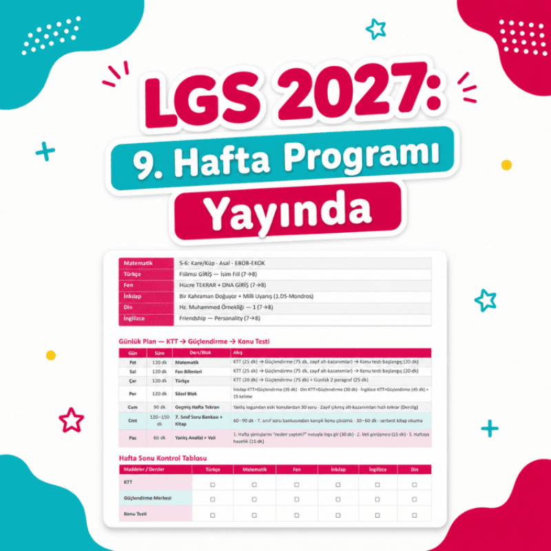 LGS 2027: 9. Hafta Programı Yayında
