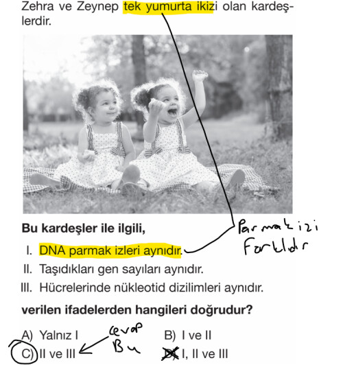 Dna ve genetik kod konusu 5.test 5. Soru hatalı tek yumurtaikizlerinde parmak izi farklıdır