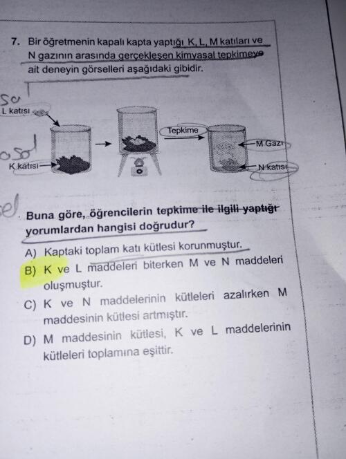 Fen dersi  fiziksel ve kimyasal değişimler /Kimyasal tepkime 8. Sınıf doğru cevap B şıkkı