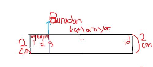 kartondan yapılmış kenarlarında 0,5 cm lik paylar bulunan 10 cm lik cetvel, 3 noktasından ortadan ikiye kesiliyor. Sonra tek kat olan kısım tekrar ortadan ikiye katlanıyor.


BUNDAN SONRA OLUŞAN KARTONUN BİR KENARI KAÇ CM DİR?