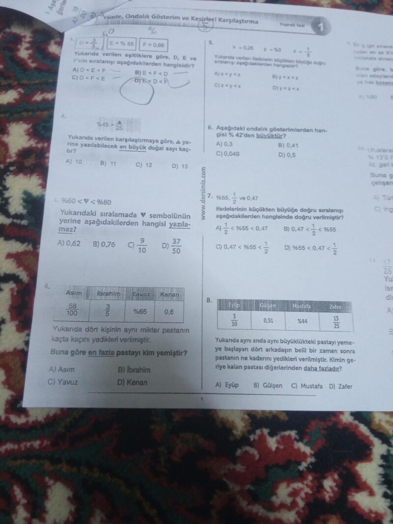 Anlamadım hepsini kesirler