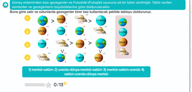 sizce cevabım doğru mu doğruysa derslige hepimiz bildirelim çünkü 13 puan az değil.
Ders : 6. Sınıf Fen Bilimleri
Ünite : Güneş Sistemi ve Tutulmalar
Konu : Güneş sistemindeki gezegenlerin özellikleri
Slayt No : 12
Cevabıda verdim hadi yine iyisiniz 😊😊
İlk 2 kişiye yıldız