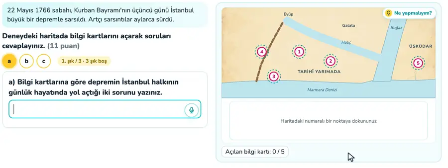 Depremin günlük hayata etkileri 11. sınıf tarih provasında İstanbul depremi haritasındaki bilgi kartları açılarak günlük yaşam etkilerinin açıklandığı animasyon