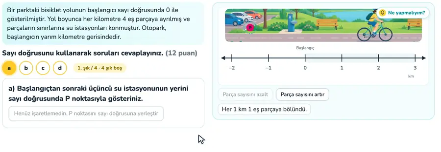 Sayı doğrusunu eş parçalara bölme 7. sınıf matematik provasında sayı doğrusu eş parçalara bölünüp P noktasının yerleştirildiği animasyon