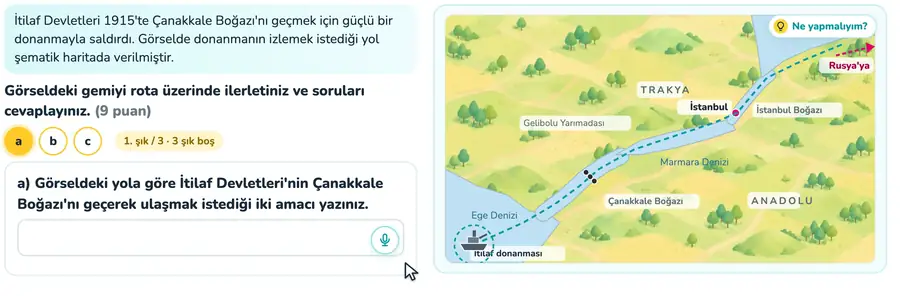 Çanakkale Boğazı'nda İtilaf donanması 8. sınıf inkılap tarihi provasında İtilaf donanmasının gemisi Çanakkale Boğazı'nda ilerletilip mayın hattında durduğu animasyon